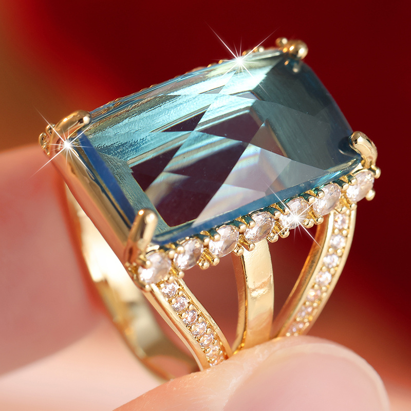 Hollowed-Out Double-Layer Wide Face Ring, Sea Blue Zirconia